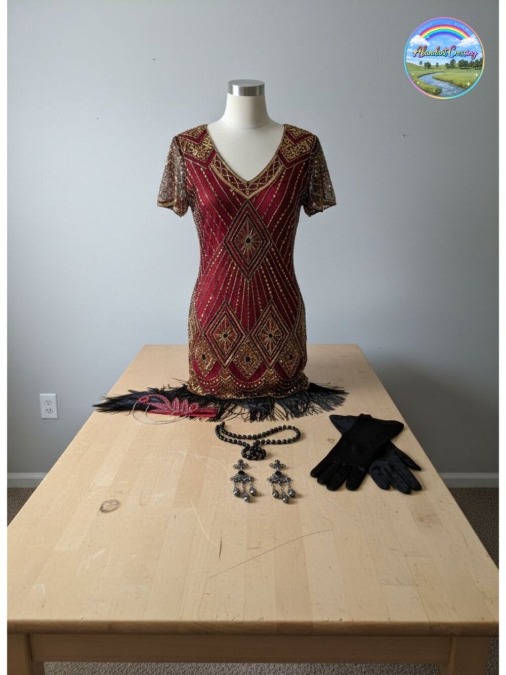 1920s Great Gatsby Sequin Flapper Dress Set Headpiece Gloves 5 Piece